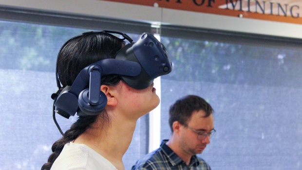 student with VR headset on