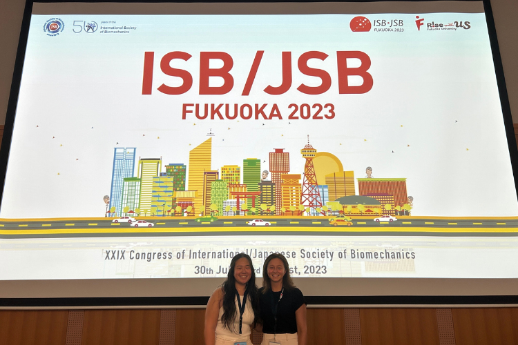 Lab mates, Kayla Lee and Erin Lee (left to right), following their podium presentations at the International Society of Biomechanics in Fukuoka, Japan in August 2023