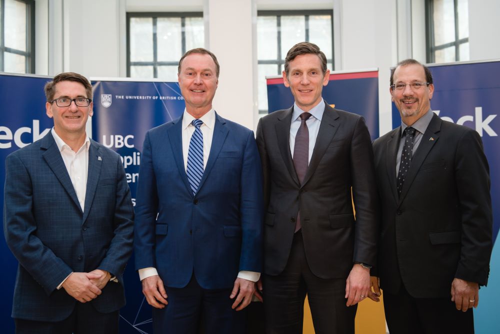 (L-R): Dean of the Faculty of Applied Science at UBC James Olson, Former Teck President/CEO (and award namesake) Don Lindsay, Teck President/CEO Jonathan Price, Dean of Smith Engineering Kevin Deluzio